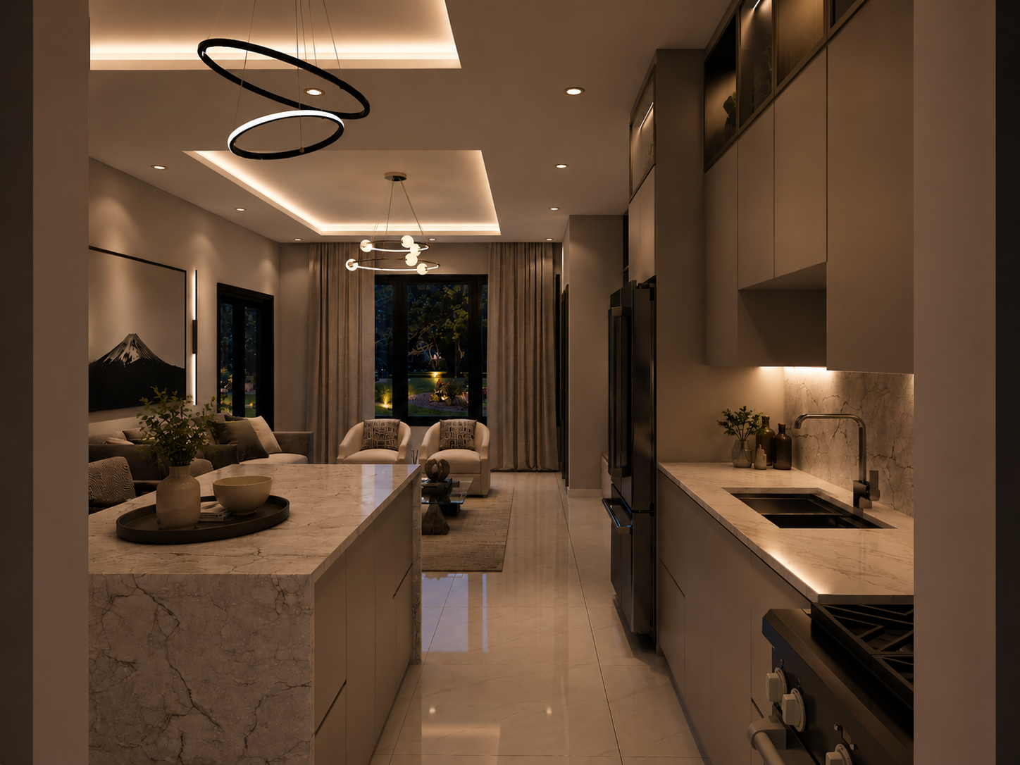 The Summit penthouse open-plan kitchen, night
